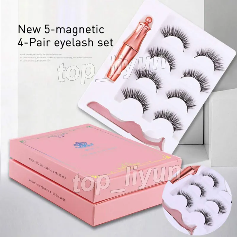 Magnetische falsche Wimpern, magnetischer flüssiger Eyeliner, Pinzetten-Set, 5 magnetische falsche Wimpern, Set, Kleber, Make-up-Werkzeuge, 4 Paar Wimpern, 3-in-1-Set