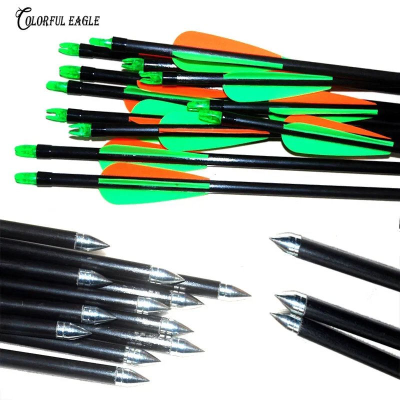 12 stks / partij glasvezel pijl 31.5 "-28" Boogschieten jager Nocks Fletched pijlen met stalen punt voor 15-60lbs boog doelpijl