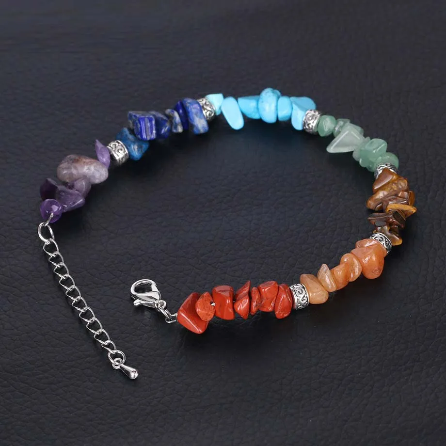 7 Chakra Reiki Kvinnor Armband Kedja Länk Hummerlås Healing Balance Natural Chip Stone Beads Meditation Rainbow