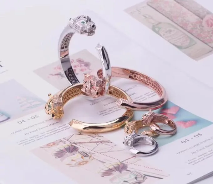 Luxus-Modemarke-Schmucksets für Damen, Messing, voller Diamanten, grüne Augen, Leopardenköpfe, 18 Karat Gold, Verlobung, offene Armbänder, Ring, 1 Sets, 3 Farben