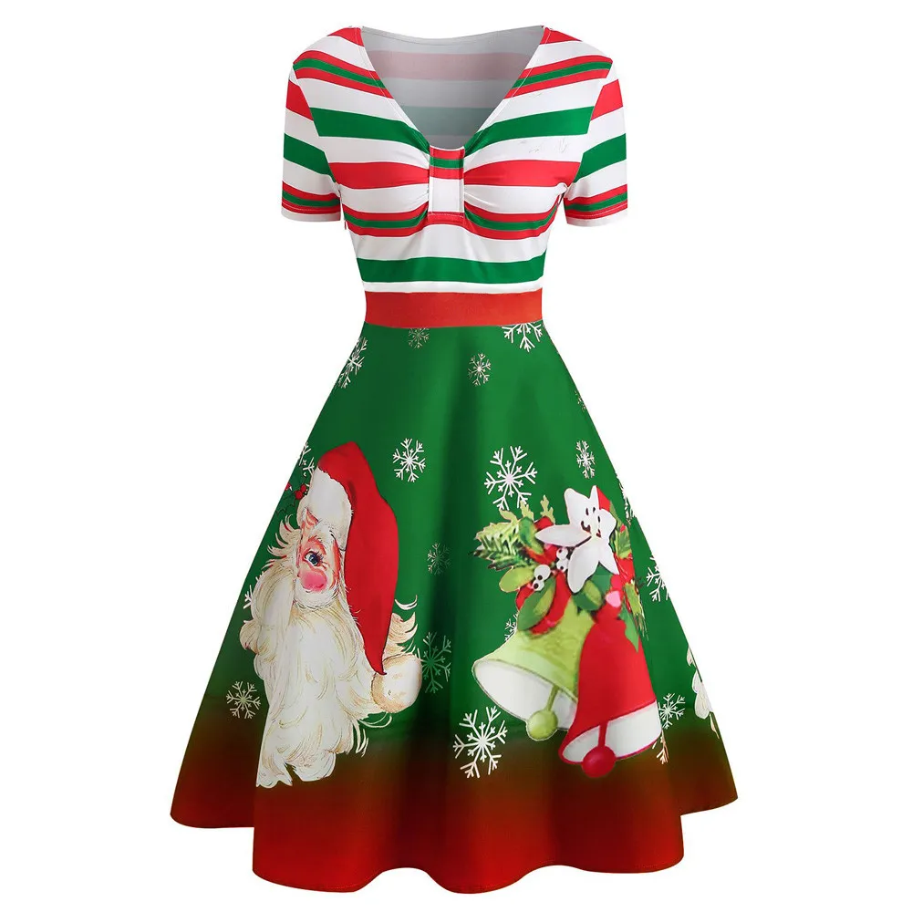 Robe de Noel Новогоднее платье Женщины Рождественские Санты Клаус полоса на полоску Print V-образным вырезом Винтажные качели