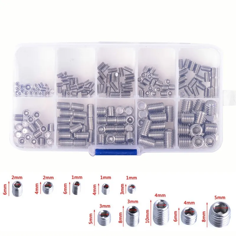 200 stks M3-M8 Zeshoek Schroeven Rvs Hex Socket Set Hexagon Sets Machine Schroef Grub Schroeven Cup Kit met plastic doos