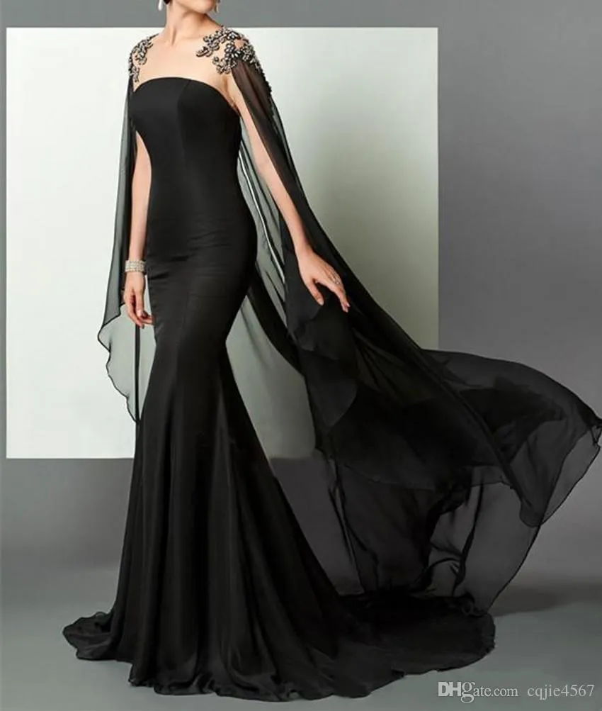 2019 schwarze Meerjungfrau-Arabisch-formale Abendkleider von Elie Saab, Perlen-Chiffon mit Umhang, afrikanisches Abschlussball-Party-Kleid, Festzug, Promi-Kleid, Landebahn 5