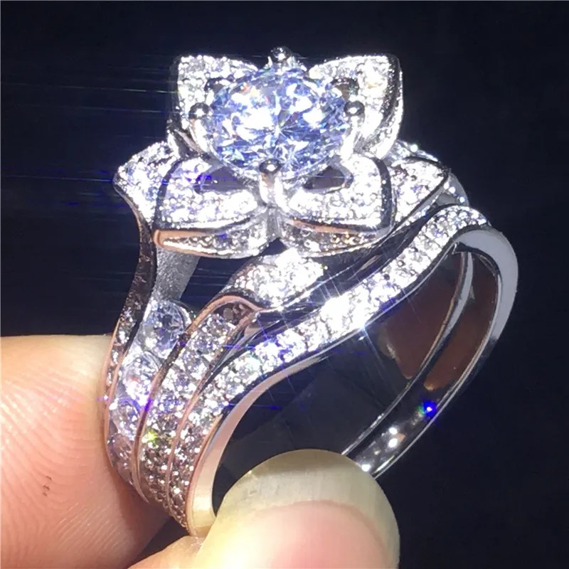 Handmade 2-in-1 Flower ring sets 925 Sterling silver Diamond Engagement wedding band rings for women Party Jewelry Gift