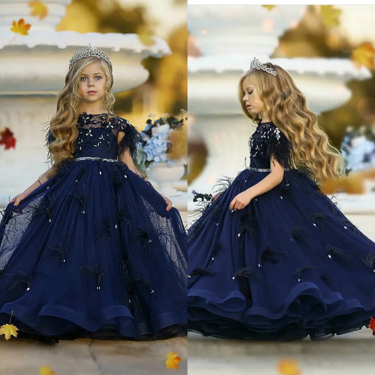 Navy Blue Flower Girl Dresses Jewel Crystal Appliqued Feather Tiered Girl Pageant Gown Sweep Train Custom Made Skirts Birthday Gown