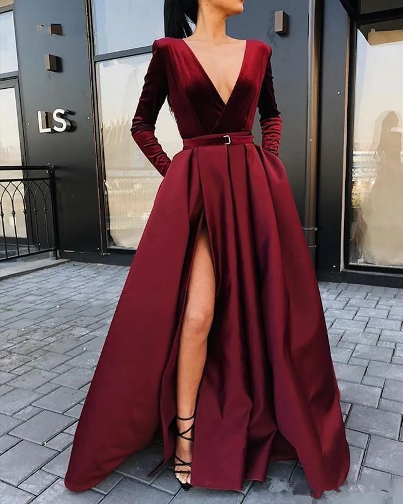 Burgundy Satin Velvet Long Sleeve Evening Gowns With V Neck And