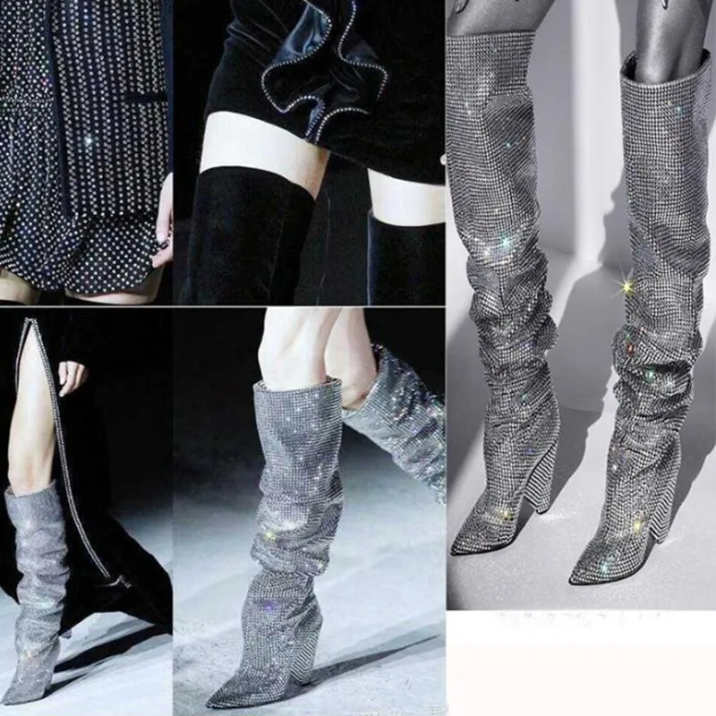 Hot Sale-Crystal Knee High Boots Women High Heel Boots Runway Skor Glitter Spike Heel Pekade Toe Booties Damer