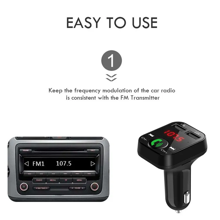 2019 New B2 USB Charger Car FM Transmitter Wireless Radio Adapter Dual USB Charger Bluetooth Mp3 Player Support Handsfree Call