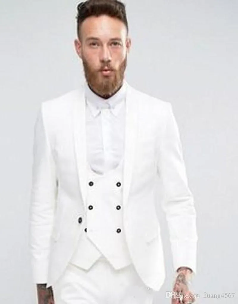 Knappe witte bruidegom smoking sjaal revers groomsmen heren trouwjurk mode man jas blazer 3 stuk pak (jas + broek + vest + stropdas) 780