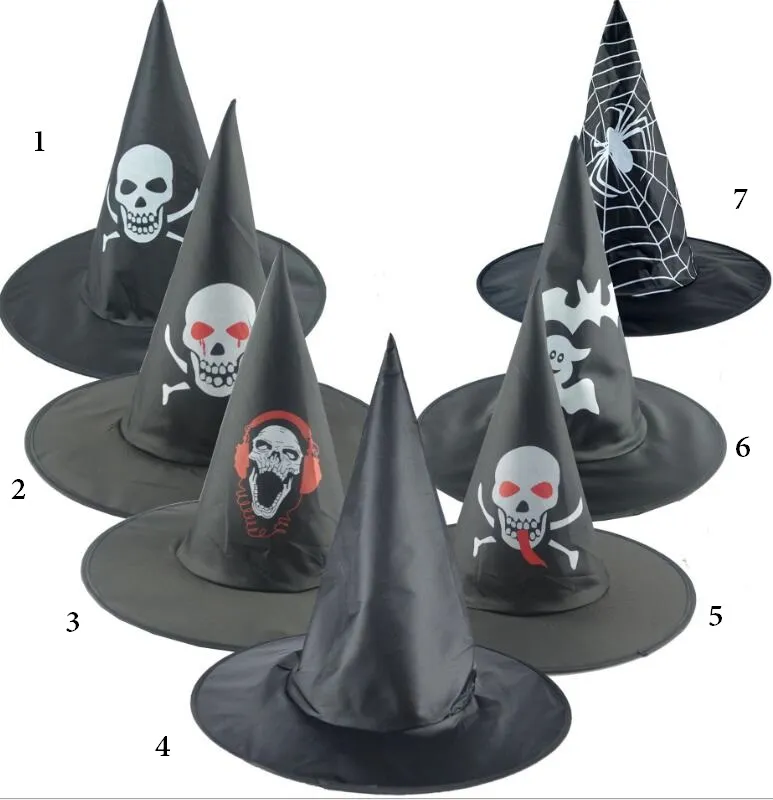 Halloween Skull Ghost Bats Spider Witch Hat Wizard Party Cosplay Kostymer Keps För Kvinnor Barn Barn Oxford Tyg Pekade hattar