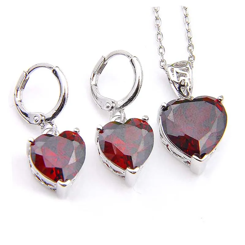 Luckyshine 5 Sets Wedding Jewelry Sets Pendants / Earrings Heart Red Garnet Gems 925 Silver Necklaces Engagements Gift