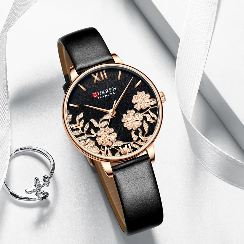 CURREN Lederen Vrouwen Horloges 2019 Mooie Unieke Ontwerp Wijzerplaat Quartz Horloge Klok Vrouwelijke Mode Jurk Horloge Montre femme276l