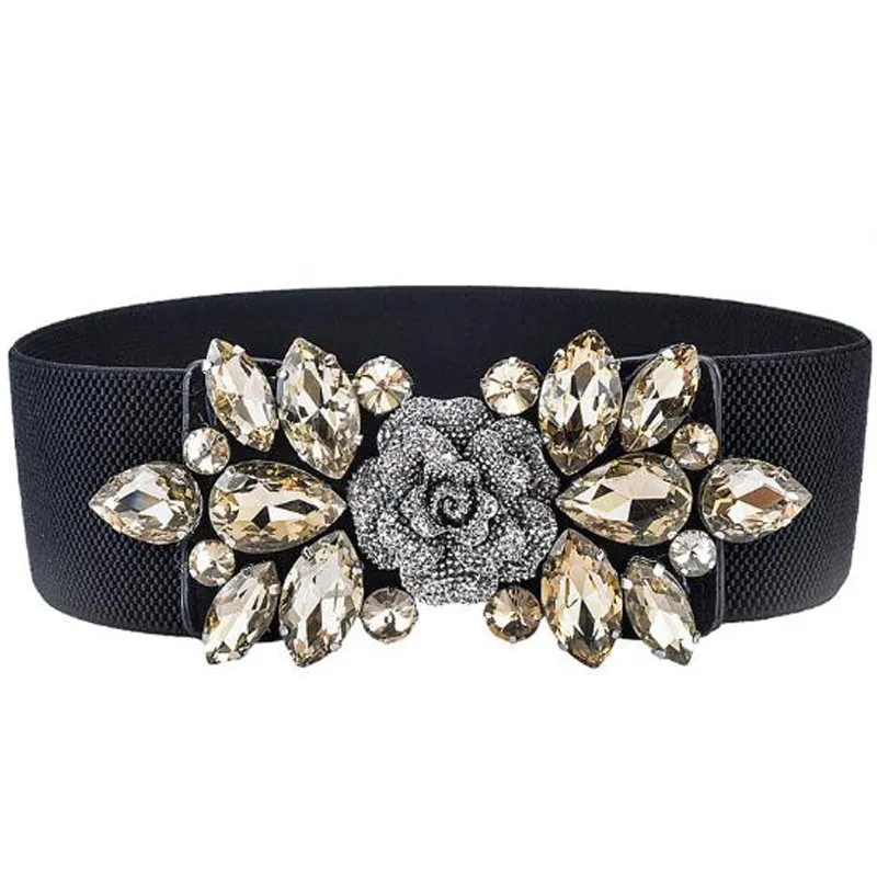 Mode Elastic Sträcka Kvinnor Bälte Blomma Rhinestone Wide Belt Ladies Dekorativa Kjoltillbehör