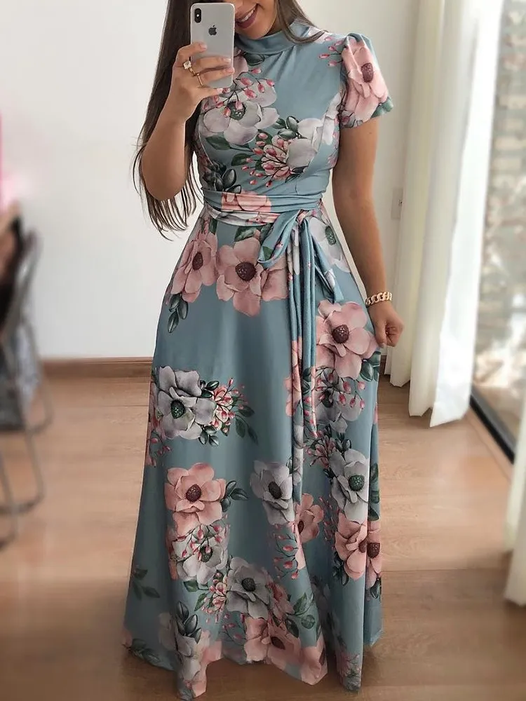 Summer Boho Floral Print Lång klänning Kort ärm Tunika Maxi Dress Women Fashion Evening Party Dress