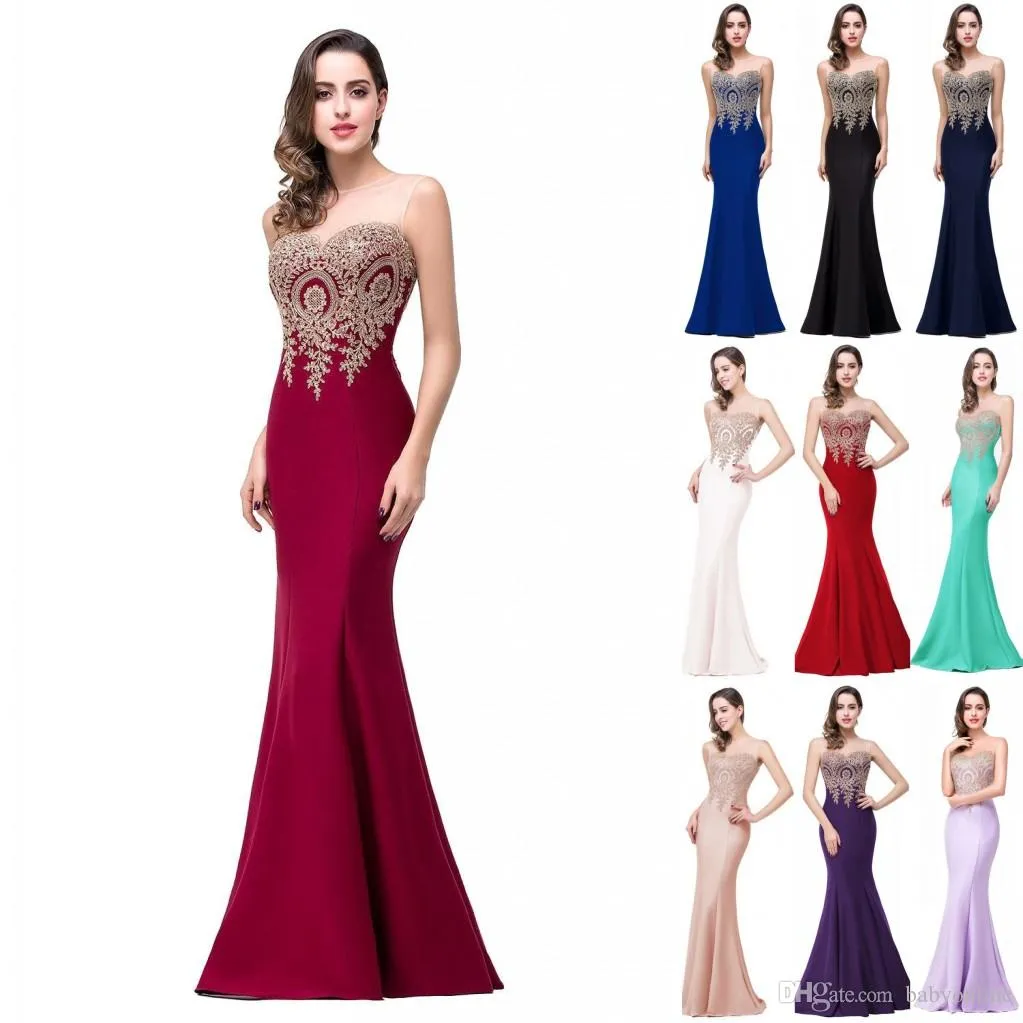 Cheap Mermaid Prom Dresses Sheer Jewel Neck Long Evening Gowns Illusion Back Floor Length Party Dresses In Stock CPS262