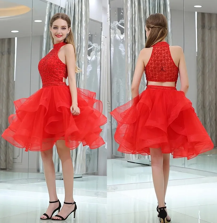 Red Sexy Backless Beaded Crystals Short Homecoming Dresses Round Neck tulle Sweet Dresses Short Grade Prom Dresses DH311