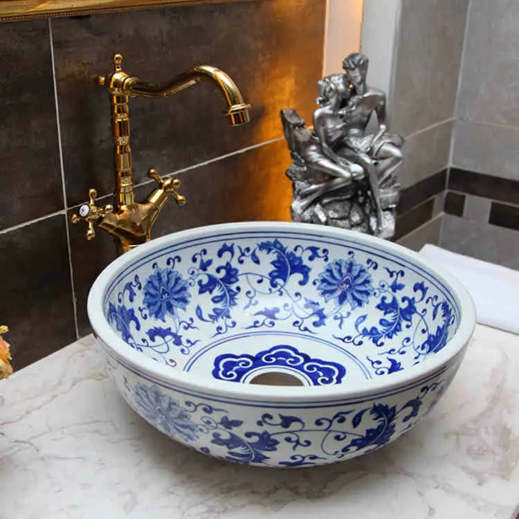 الأزرق والأبيض الصين اللوحة غسل حوض سفينة الحمام المصارف مكافحة أعلى لون الفن غسل حوض السيراميك الحمام المصارف