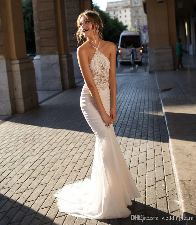 Berta Bohemian Backless strappy mermaid wedding dress - Plus Size Halter Neck Chiffon Bridal Gown with Beaded Sweep Train and Halters - Affordable