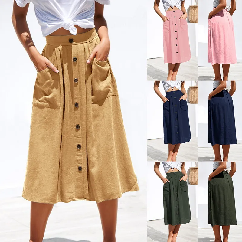 2019 Verano Moda Casual Mujer Faldas de puro Cintura Botones de un solo