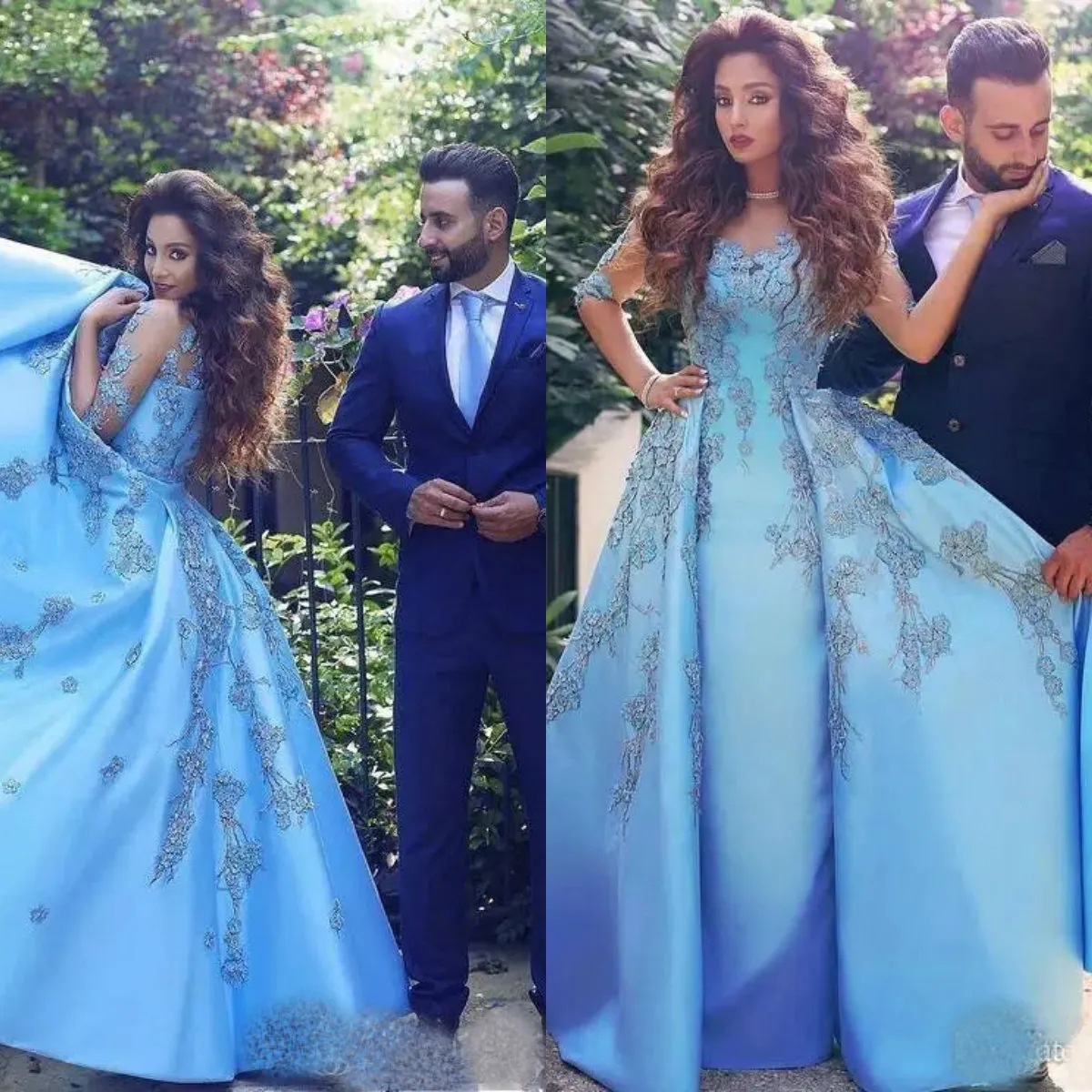 Vintage Light Blue Prom Dresses Arabic Dubai Sexy Sheer Half Sleeves Appliqued Satin Formal Evening Gowns Pageant Dresses Custom Made