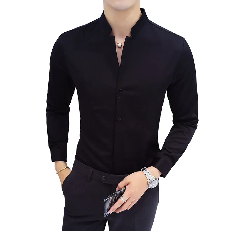 Black Red White Men Shirt Long Sleeve Slim Design Shirts Stand Collar Asian Size S -5XL