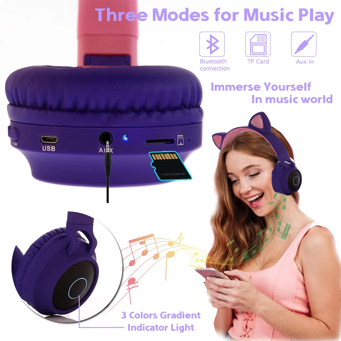 Casque chat kawaii Bluetooth lumineux LED violet
