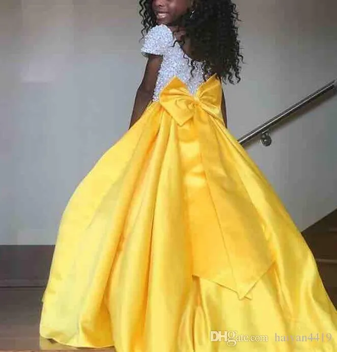 New Yellow Girls Pageant Dresses Princess Jewel Sequins Top Satin