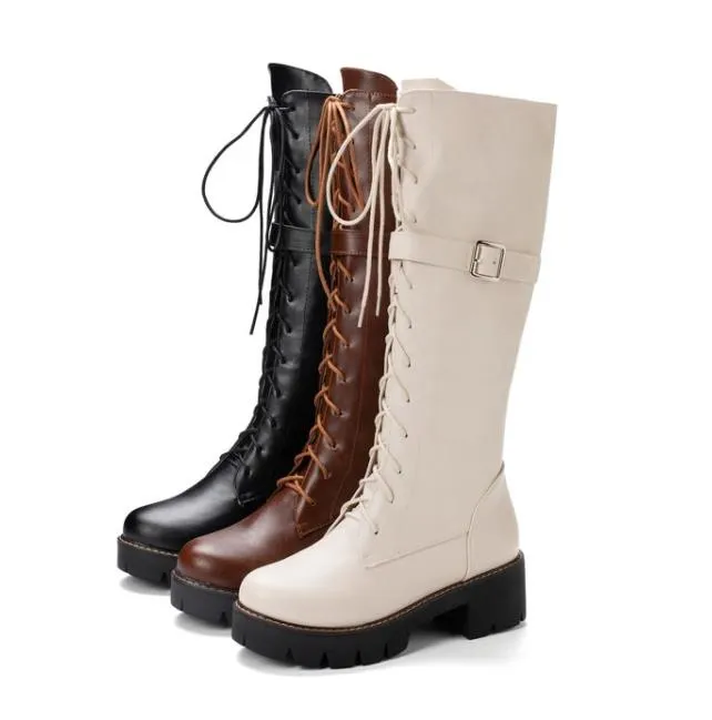 Big small size 33 34 to 40 41 42 43 collegel wind lace up knee high designer boots brown black beige