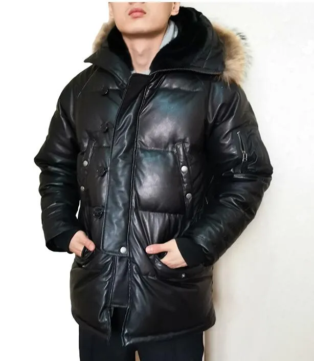 Brand black sheepskin leather down jackets with fur collar snow winter down coats men good quality