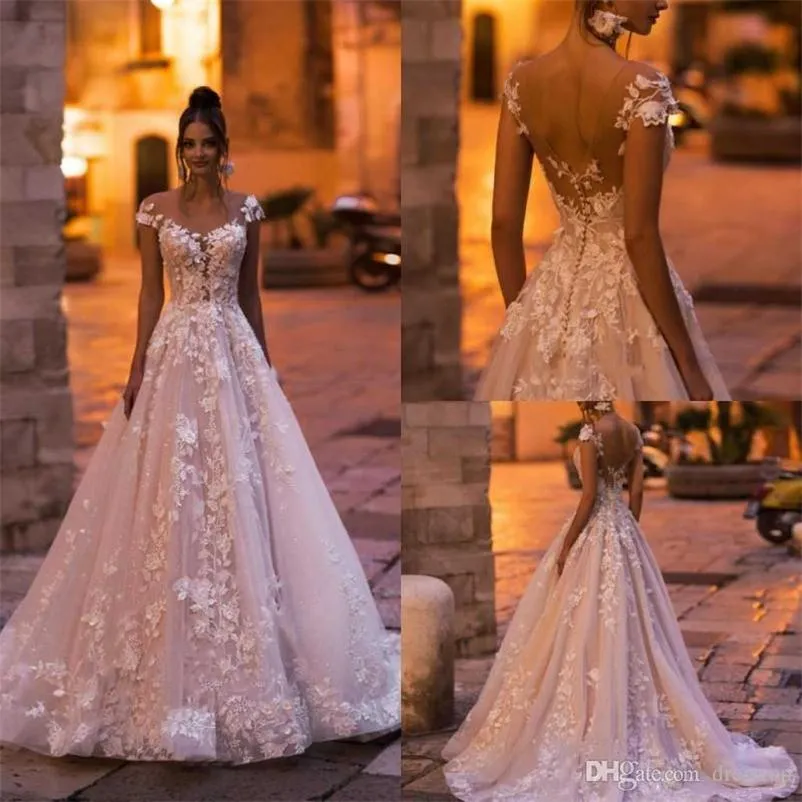 Boho col en V robes de mariée 2020 dentelle Applique mancherons Tulle plage robes de mariée robes sexy de mari￩e robe de mariée sur mesure