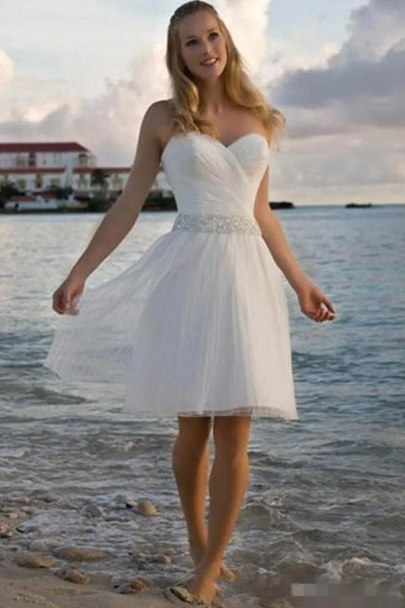 2019 Simple Short Beach Wedding Dresses Tulle Beaded Sequins Sweetheart  Neckline Ruched Pleats Custom Made Wedding Bridal Gown