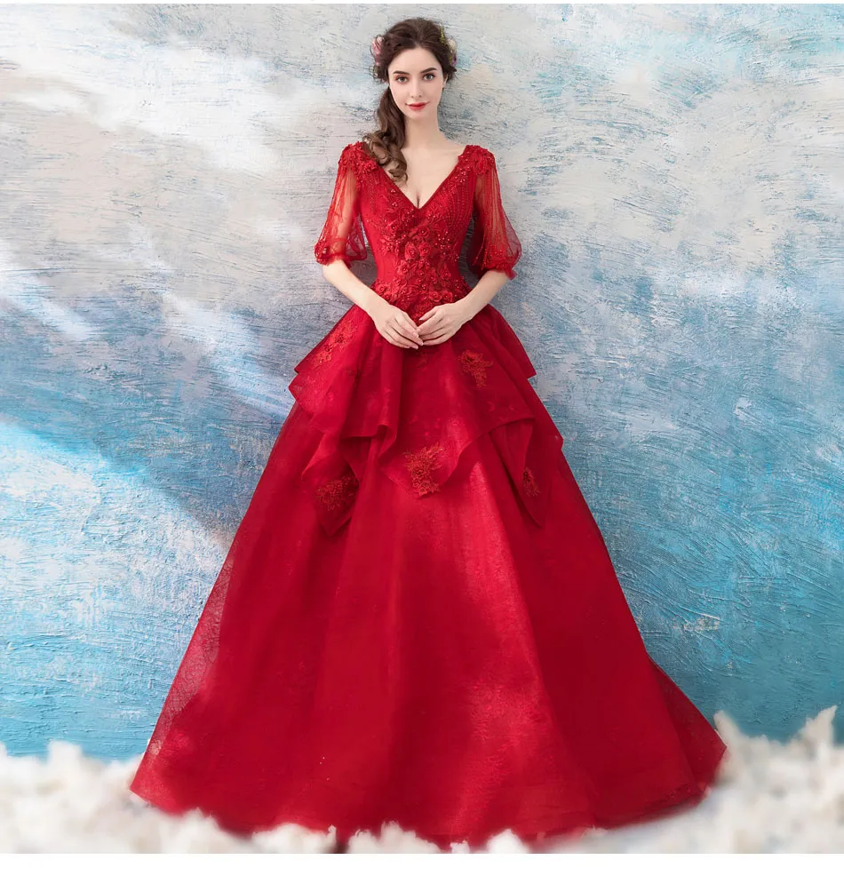Abiti Da Sposa Gotici A Line Di Pizzo Rosso 2024 Mezze Maniche A V Sul Pavimento Del Pavimento In Corsetto Da Sposa Colorati Da 87 96 DHgate