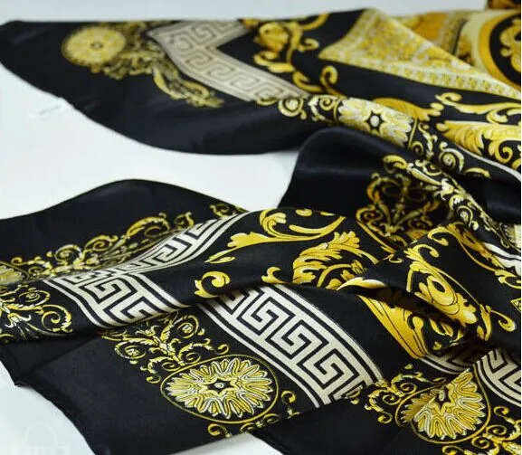 Pañuelos de seda 100% de estilo famoso a la moda para mujer y hombre, color sólido, dorado, negro, estampado de cuello, chal suave a la moda, bufanda de seda para mujer cuadrada