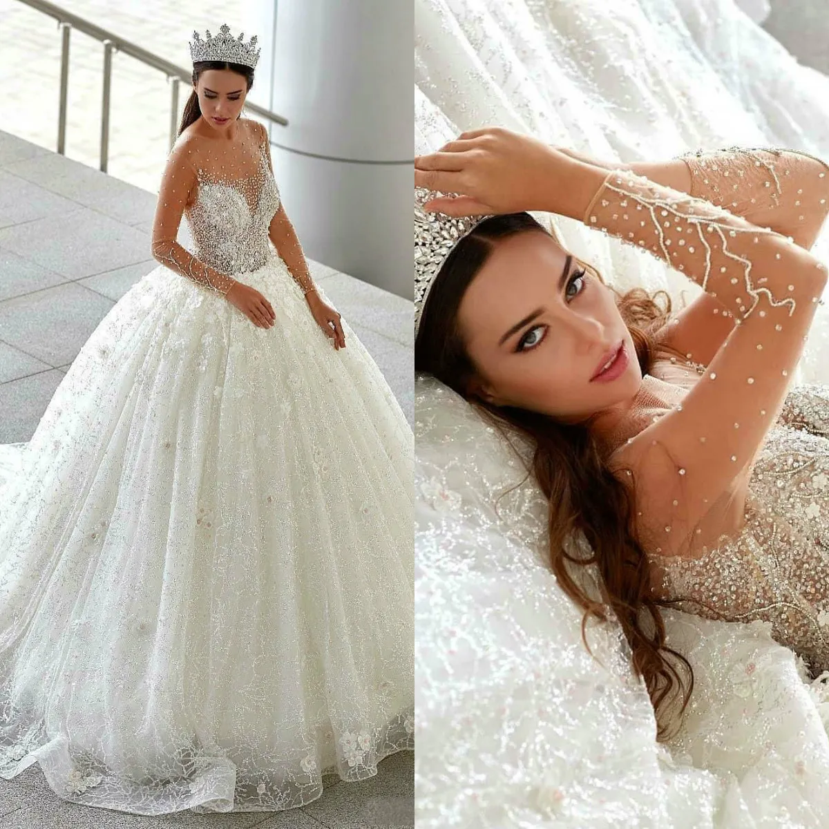 Dubaï Arabe Vintage Robes De Mariée Sheer À Manches Longues En Dentelle Robe De Bal Strass Tulle Balayage Train Plus La Taille Robe De Mariée Robe De Novia