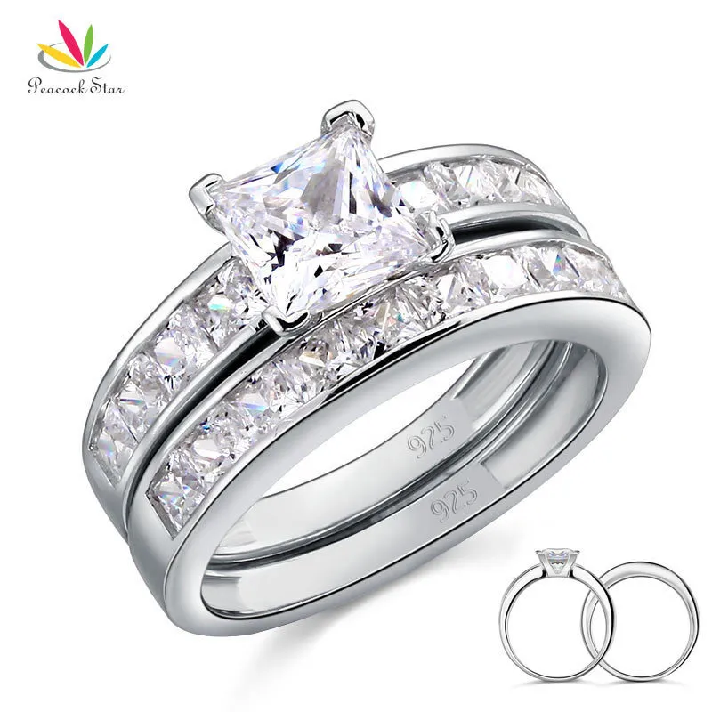 Paon Étoile Solide 925 En Argent Sterling 2-Pcs Bague De Fiançailles De Mariage Ensemble 1 Ct Princesse Coupe Bijoux CFR8020 CJ191216