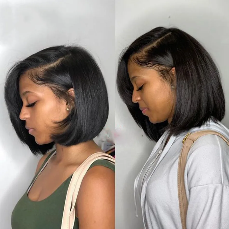 Short Yaki Straight Bob Wig Lace Front Human Hair Wigs Brazilian Hair Lace Wig Pre Plucked Black Color for Women