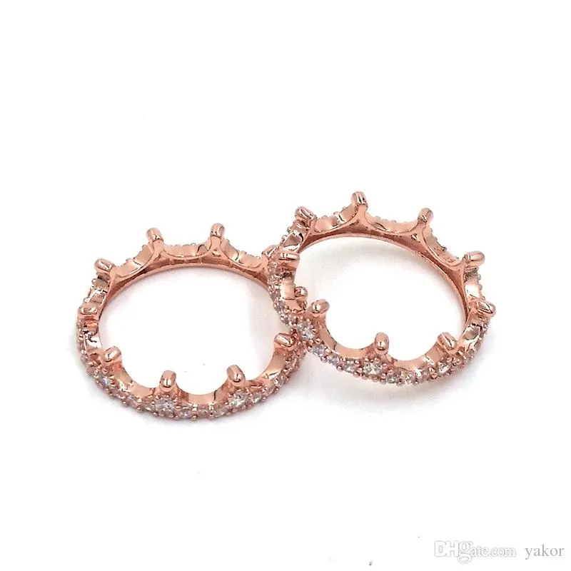 NUEVA Moda 18k Rose Gold Crown RING Set Caja original para Pandora 925 Silver CZ Diamond Mujeres Anillos de boda