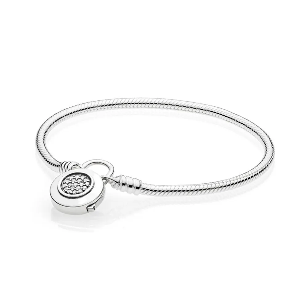 NEW 100% 925 Sterling Silver Original Pandora Classic Logo Charm Lock Basic MOMENTS SMOOTH BRACELET WITH SIGNATURE PADLOCK DIY Bead Gift