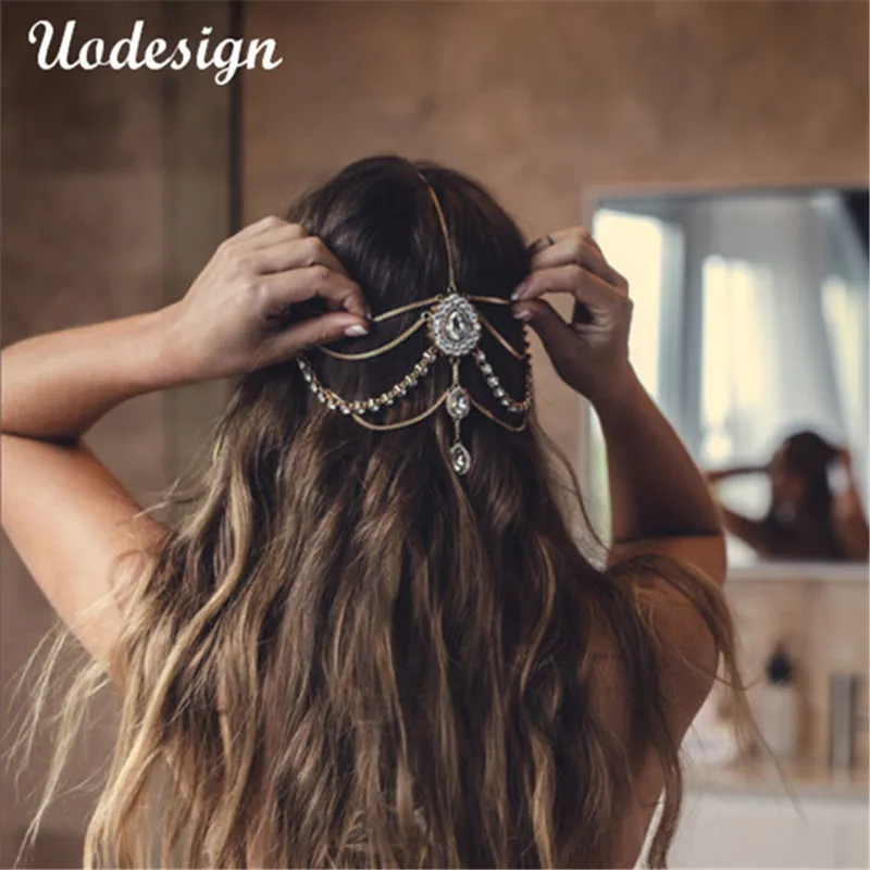 Full Crystal Diamante Head Band Hair Smycken Bröllop Bröllop Huvud Smycken, Huvudkedja Födelsedaggåva Boho C19041101