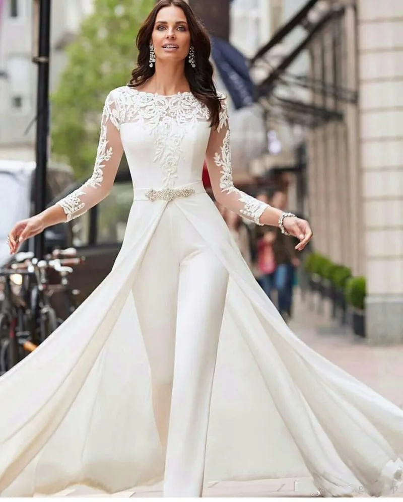 Tute da donna Abiti da sposa Maniche lunghe Pizzo Raso con gonne oversize Perline Fusciacca Taglie forti Abiti da sposa Pantaloni Tute Vestidos De Novia