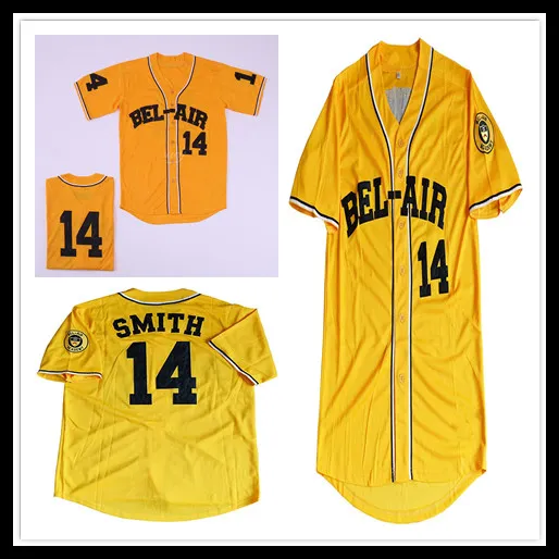 싼 남자의 신선한 왕자 벨 - 에어 아카데미 야구 # 14 스미스 유니폼 옐로우 스티치 크기 S-3XL
