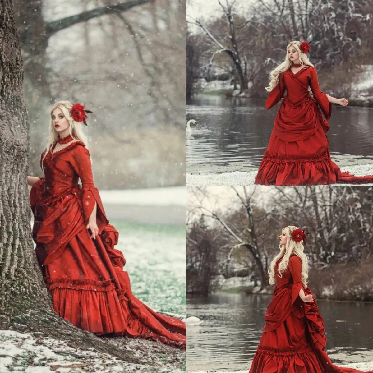 2020 robes de mariée gothiques rouges col en V volants à manches longues robe de mariée victorienne vintage jupes à plusieurs niveaux robes de mariée en satin