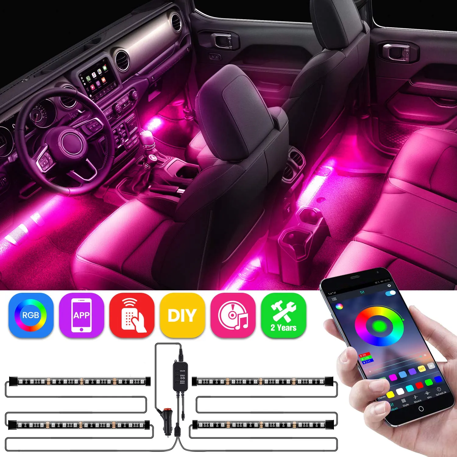 Autoinnenbeleuchtung, LED-Streifen RGB-App IR-Controller-Design 4pcs 48 LED-DIY-Multicolor-Musik unter dashassige Beleuchtungskits, DC 12V