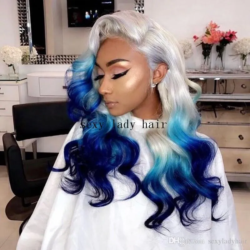 High Temperature Fiber Glueless Brazilian Hair Peruca Long Body Wave White Grey Ombre Blue Synthetic Lace Front Wig for Women