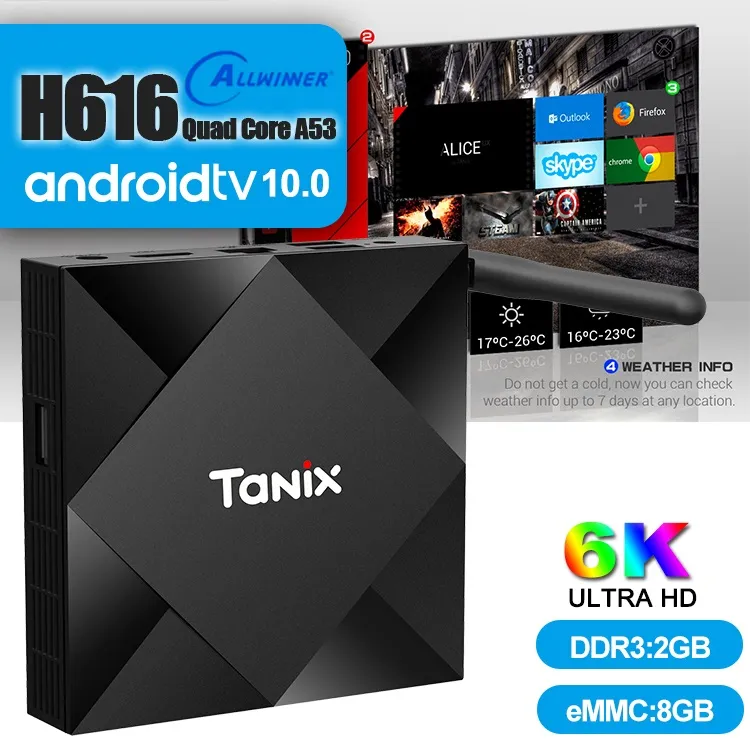 TX6S Android 10.0 Akıllı TV Kutusu Allwinner H616 Dört Çekirdekli 2 GB 8 GB 2.4G WIFI 100 M 6 K Media Player Streaming