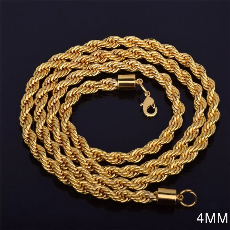 Hip Hop Guldkedjor Halsband för män Smycken Bredd 4 mm 16-30Inch 18K Guldpläterad Rostfritt Stål Stöd Swag Twisted Halsband