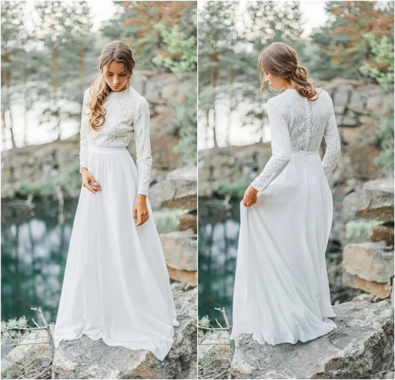 2020 Nova Modest West Country Wedding Dresses Um Vestido Line Jewel Neck manga comprida Bohemian casamento Custom Made elegante Vestidos De Novia 751
