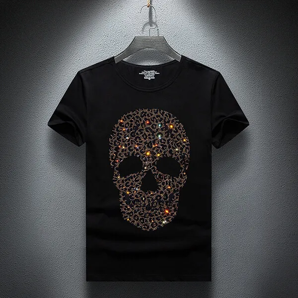 Projektant mody Summer Top Mens Skulls Dhinestones T koszule modalne bawełniane szkieletowe koszulę z krótkim rękawem