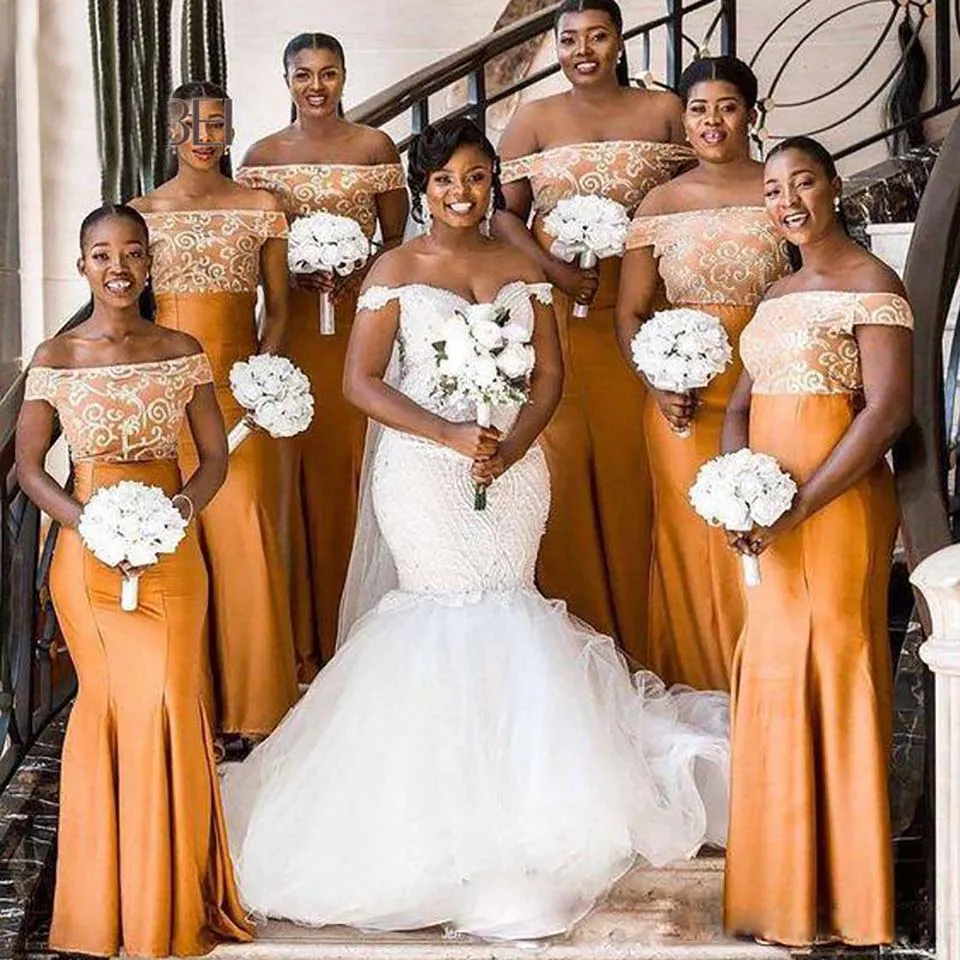African Nigerii Mermaid Orange Druhna Dresses Długo Off The Ramię Appliqued Satin Sukienka na wesele