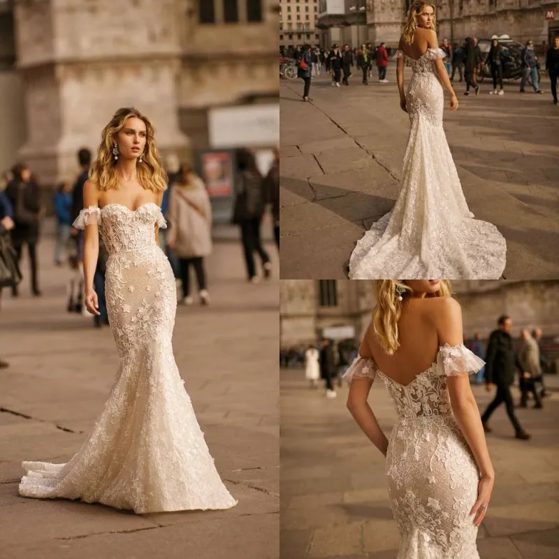 2020 BERTA Glamorous Mermaid Gelinlik Kapalı Omuz Sequines Boncuk Aplike Dantel Gelinlikler Sweep Tren Vestidos de novia